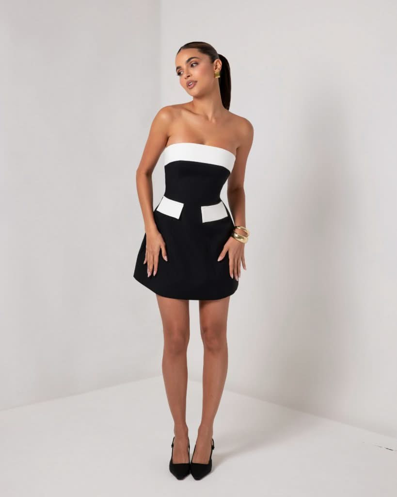Black and white strapless a-line pocket mini dress