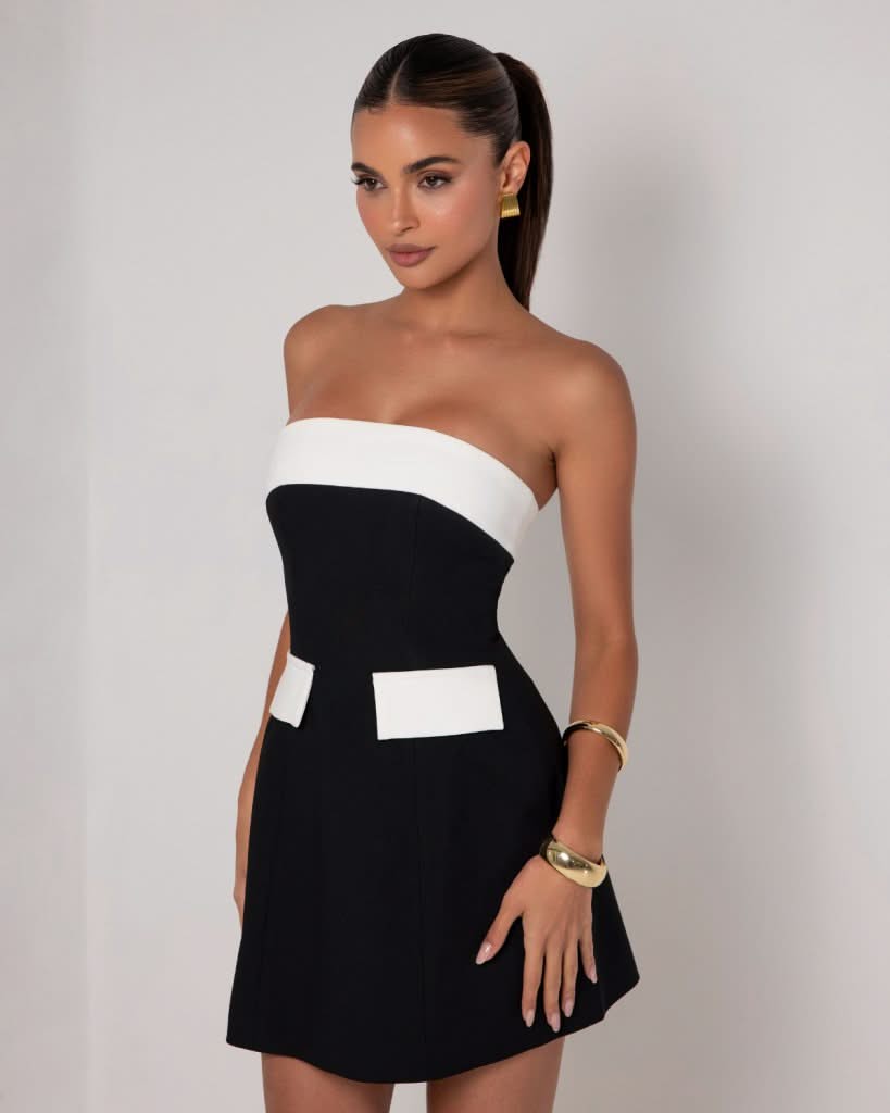 Black and white strapless a-line pocket mini dress