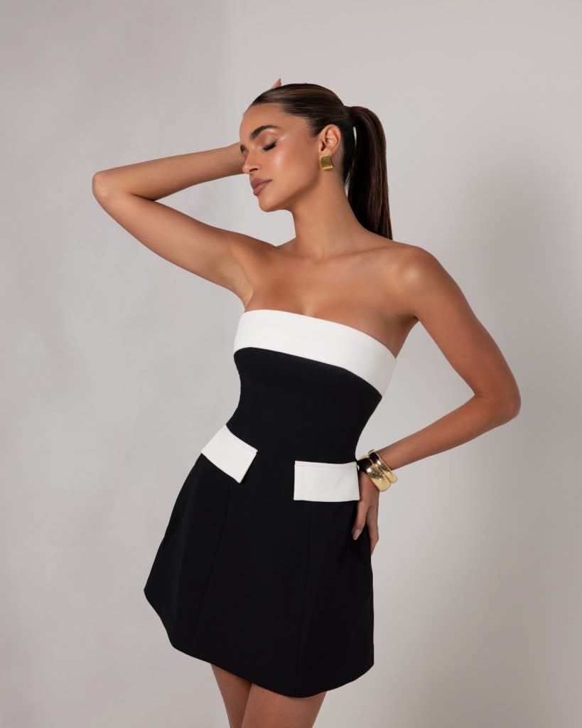 Black and white strapless a-line pocket mini dress