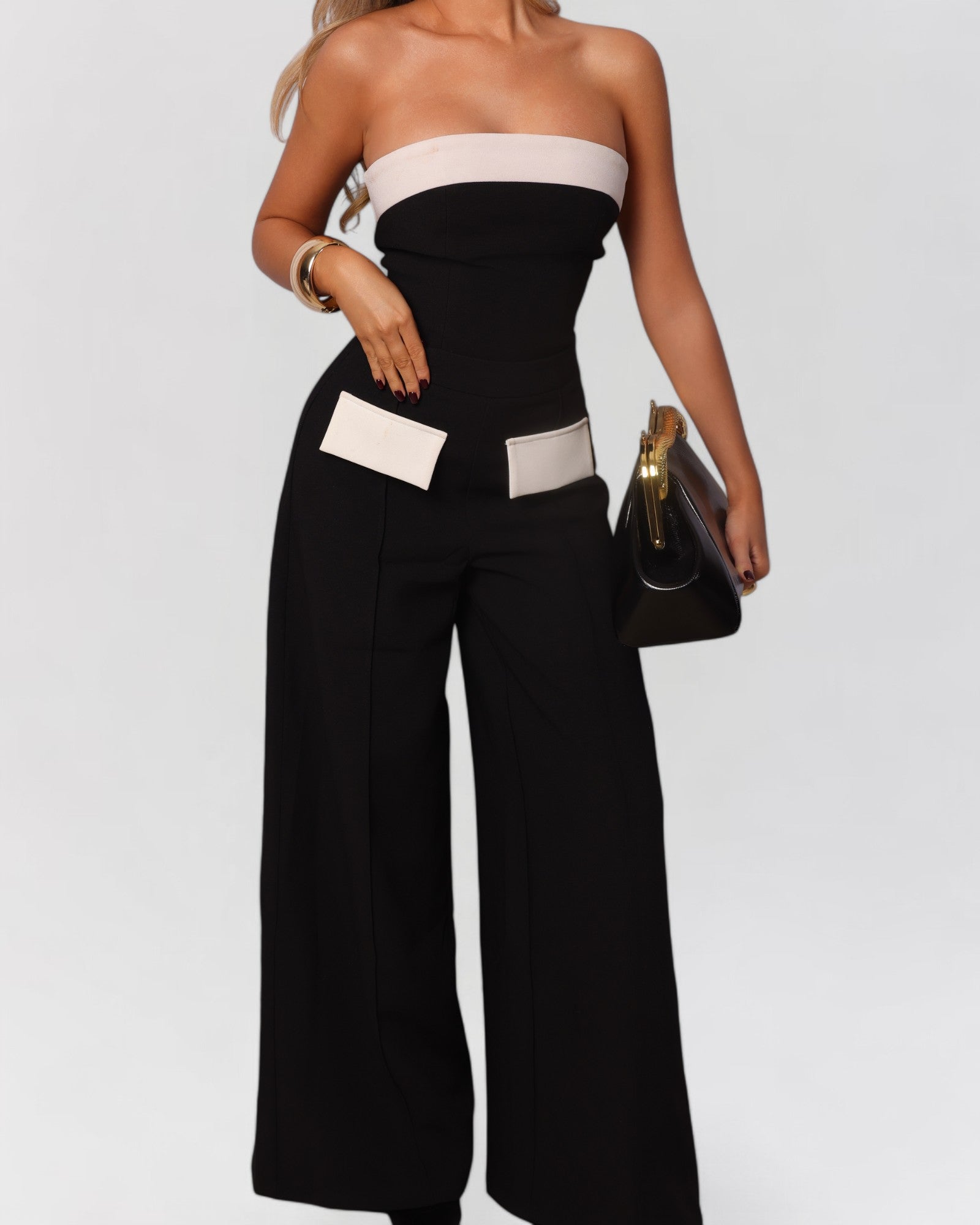 Black and white strapless pocket pants