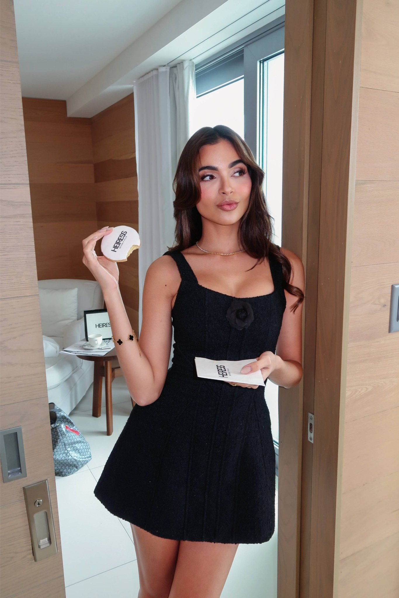 Black boucle flower a-line mini dress