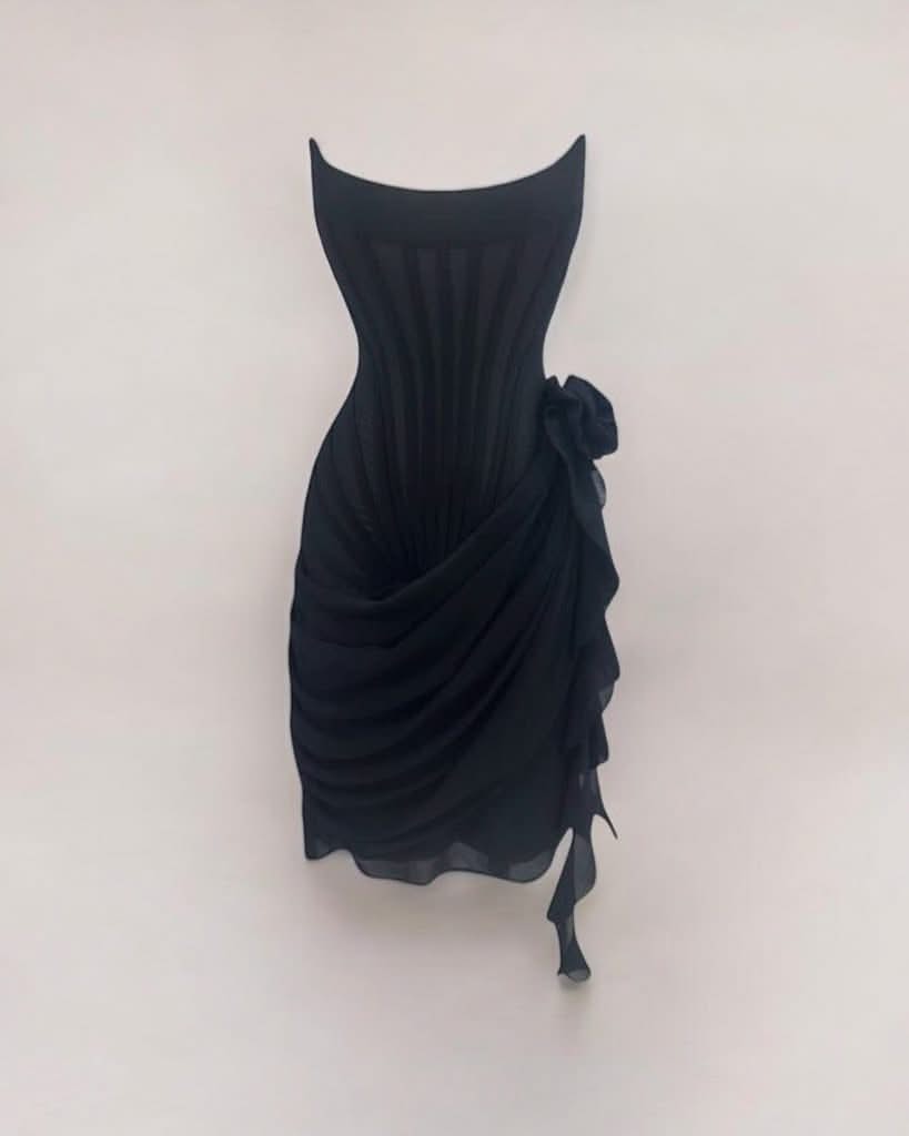 Black chiffon mesh corset flower drape midi dress