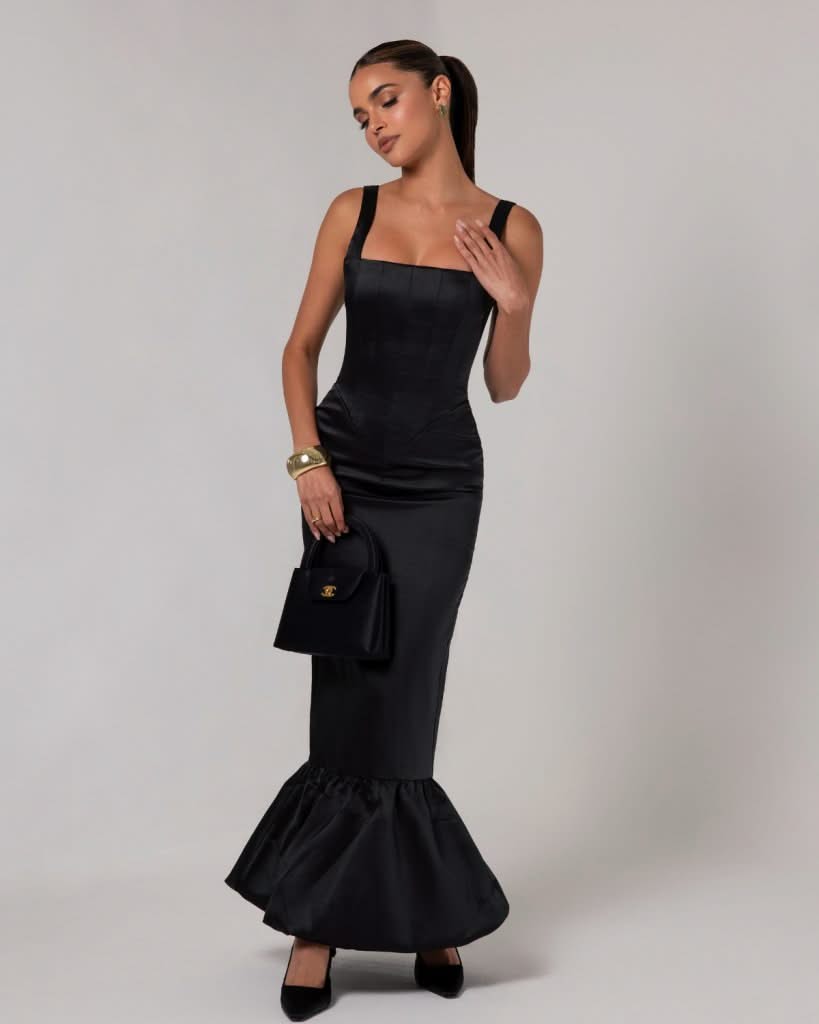 Black corset sheen maxi bubble dress