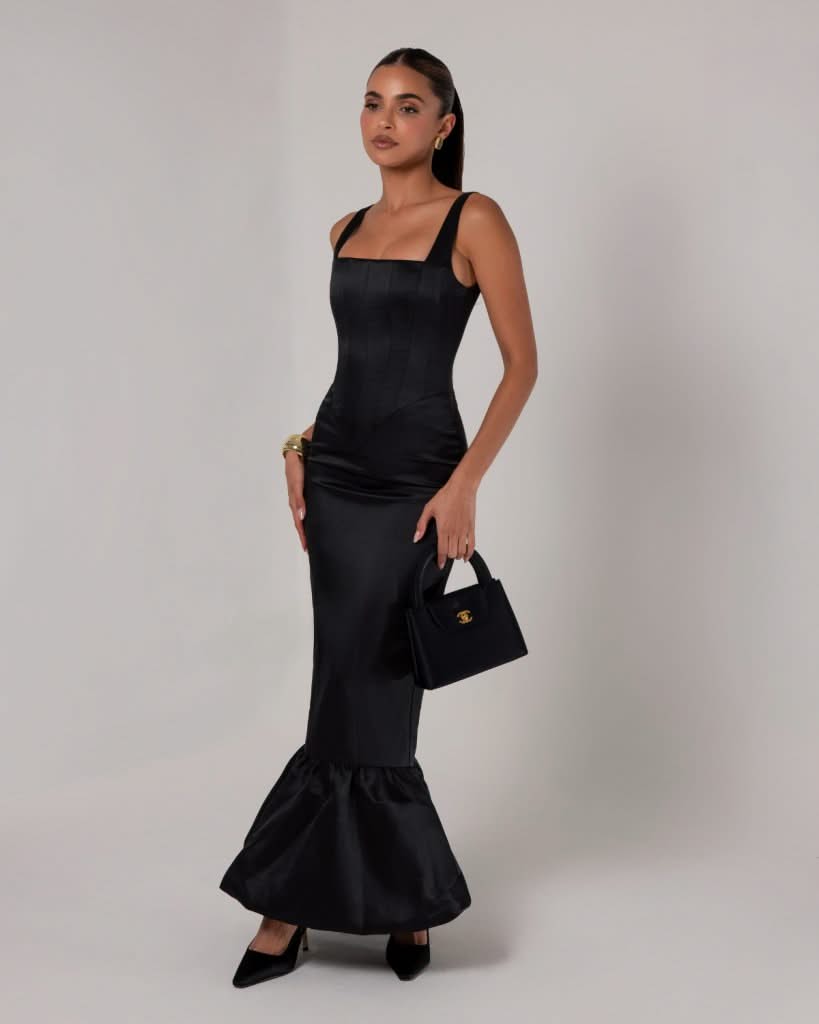 Black corset sheen maxi bubble dress