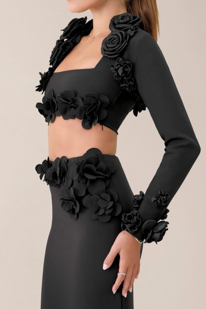 Black crepe flower embellished bolero