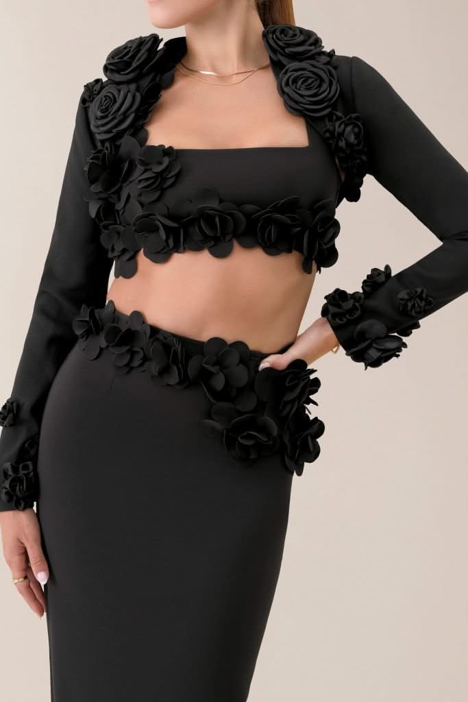 Black crepe flower embellished bolero