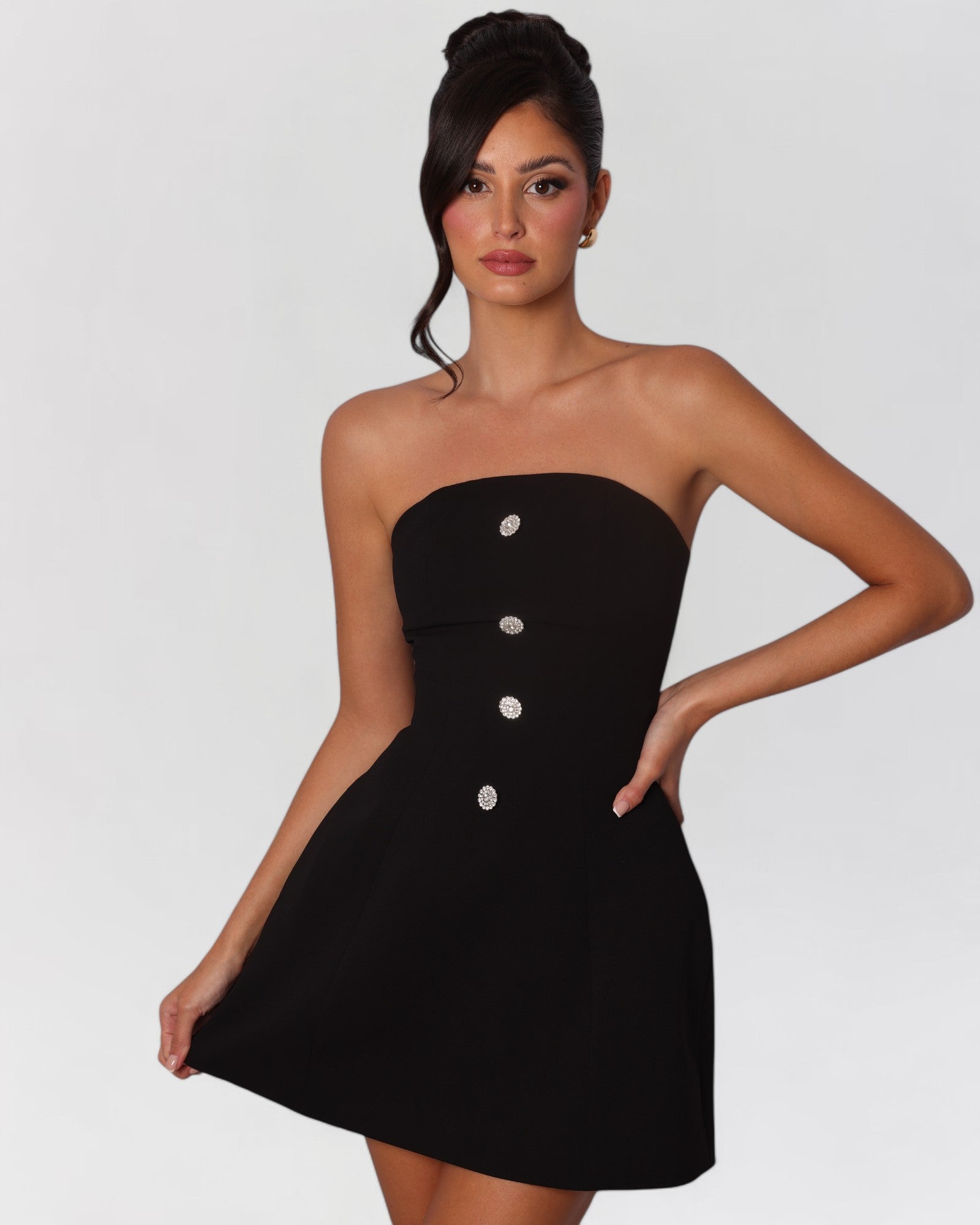 Black crystal button a-line mini dress