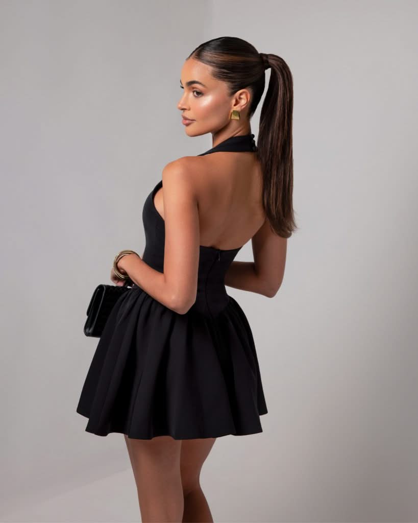 Black halter contour a-line mini dress