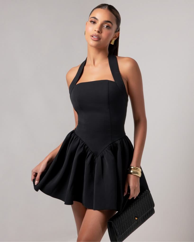 Black halter contour a-line mini dress