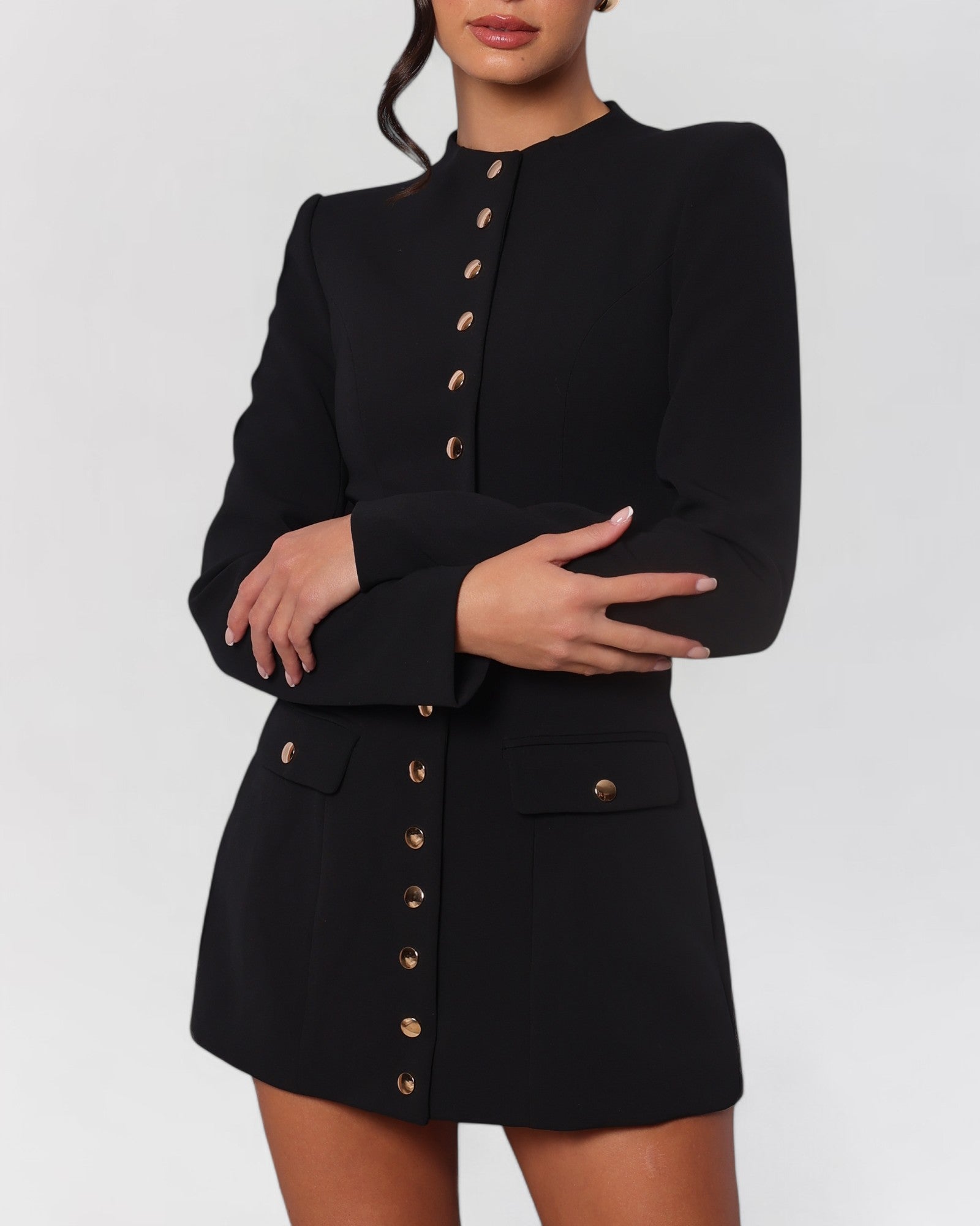 Black long sleeve gold button down blazer mini dress