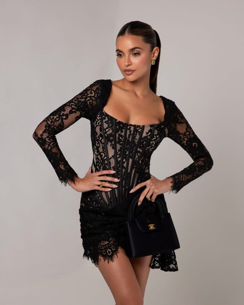 Black long sleeve lace corset draped mini dress