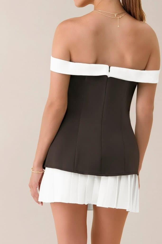 Black off shoulder a-line pleated flower mini dress