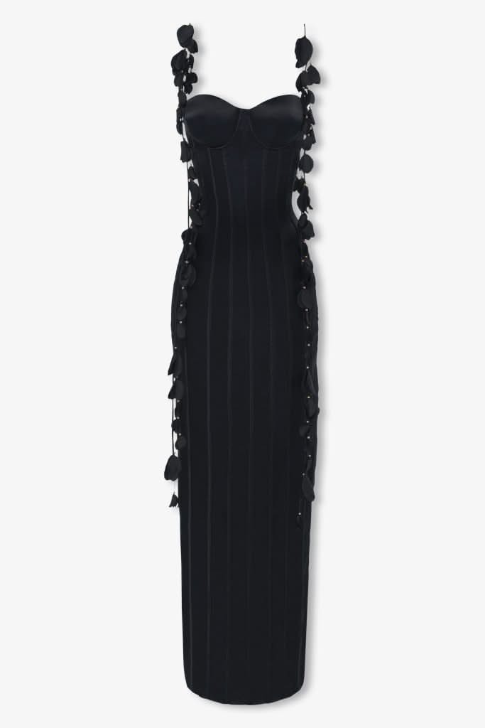 Black silk petal maxi dress
