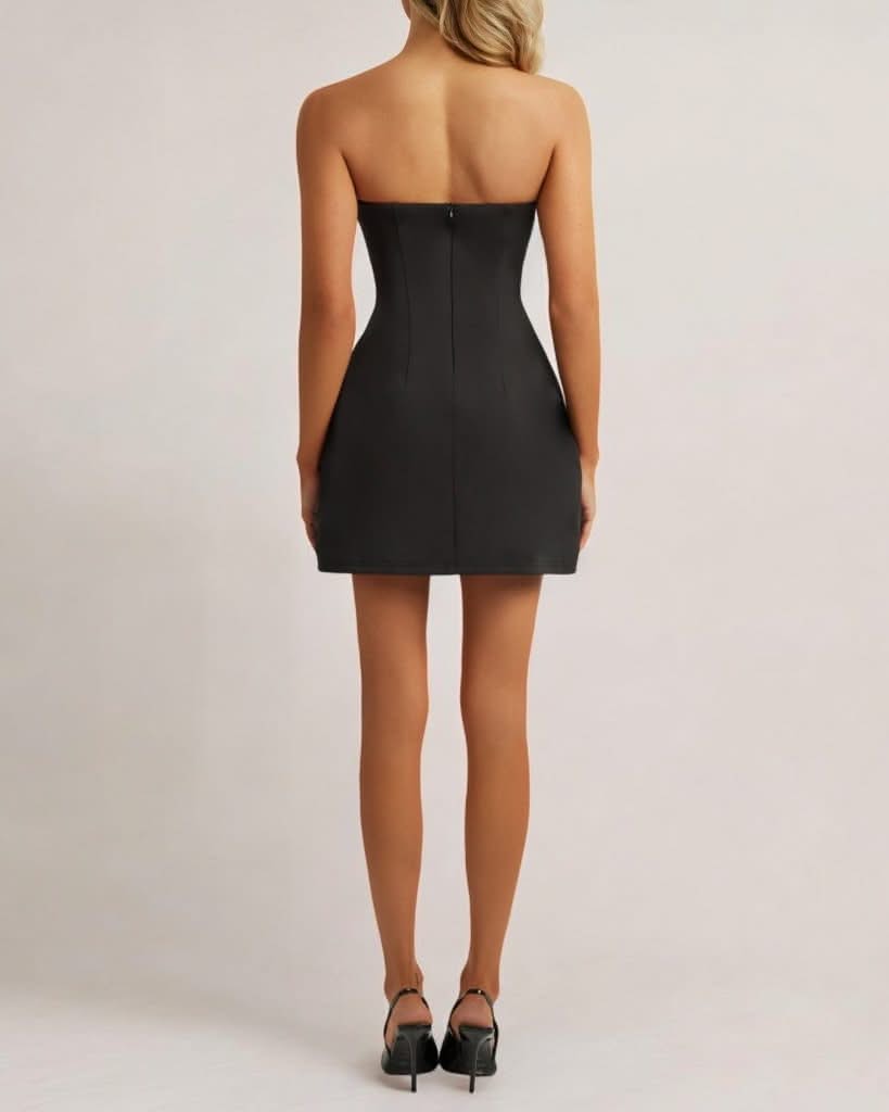 Black strapless a line pocket mini dress