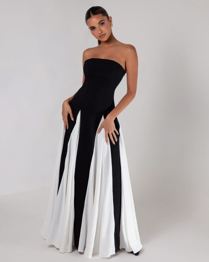 Black strapless colorblock pleated maxi dress