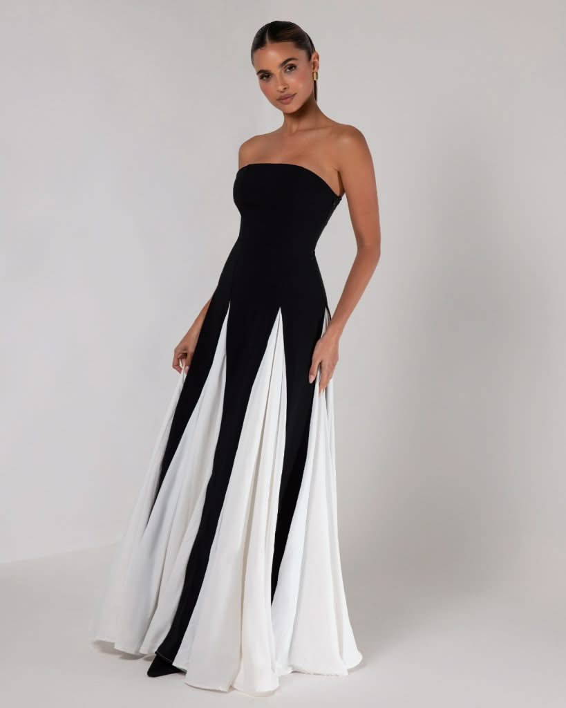 Black strapless colorblock pleated maxi dress