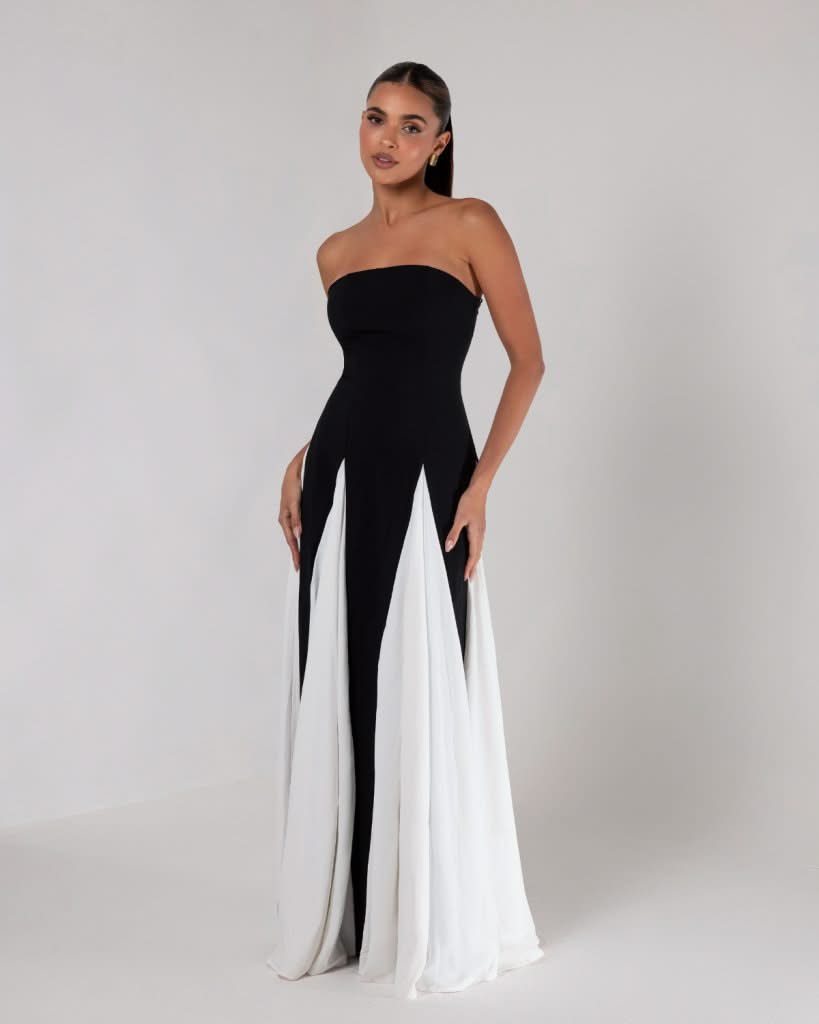 Black strapless colorblock pleated maxi dress