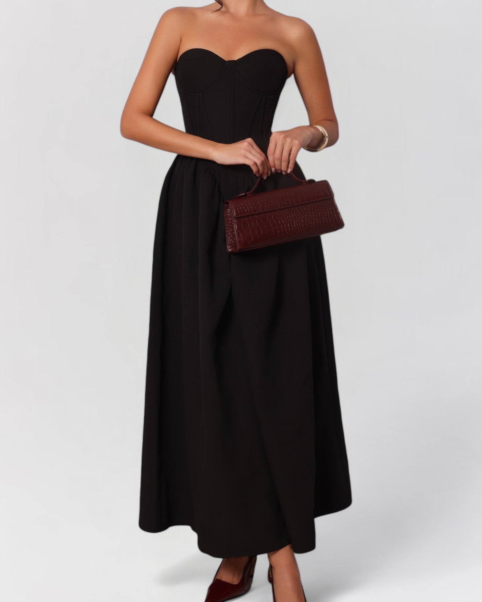 Black strapless corset cotton poplin maxi dress
