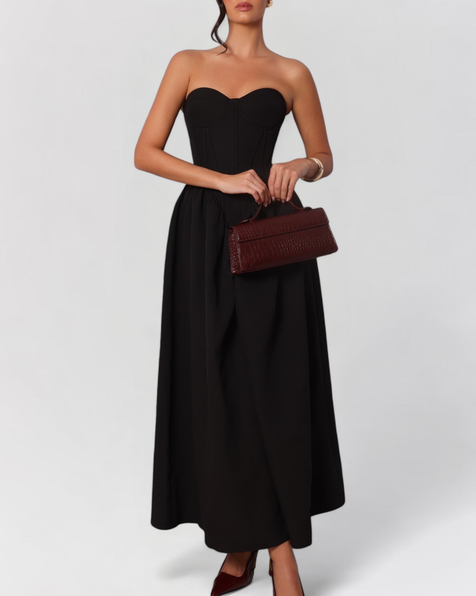 Black strapless corset cotton poplin maxi dress
