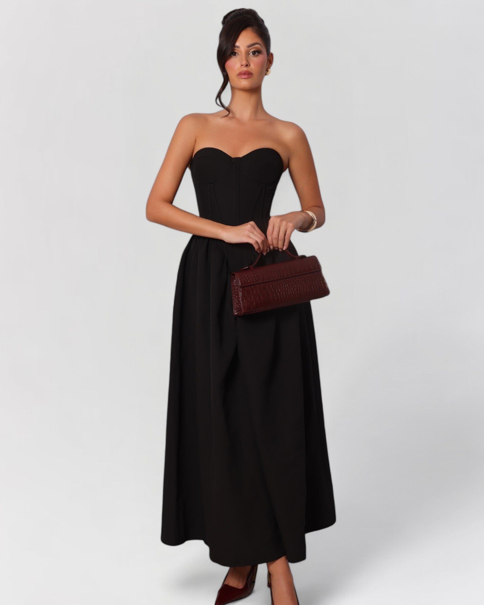 Black strapless corset cotton poplin maxi dress