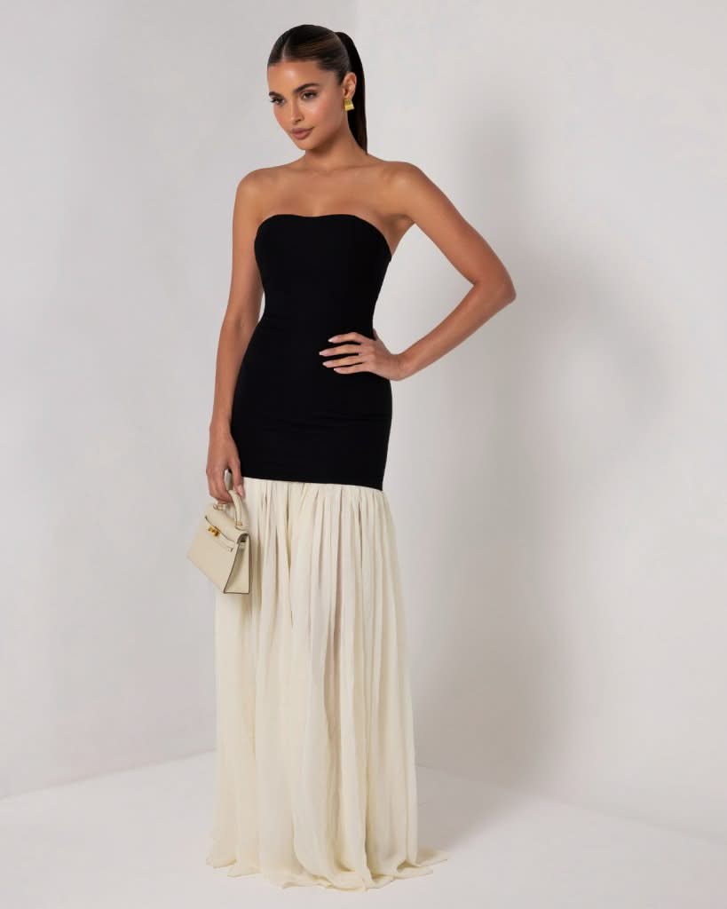Black strapless cream chiffon maxi dress
