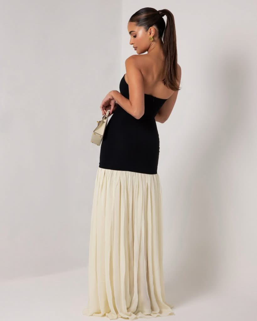 Black strapless cream chiffon maxi dress