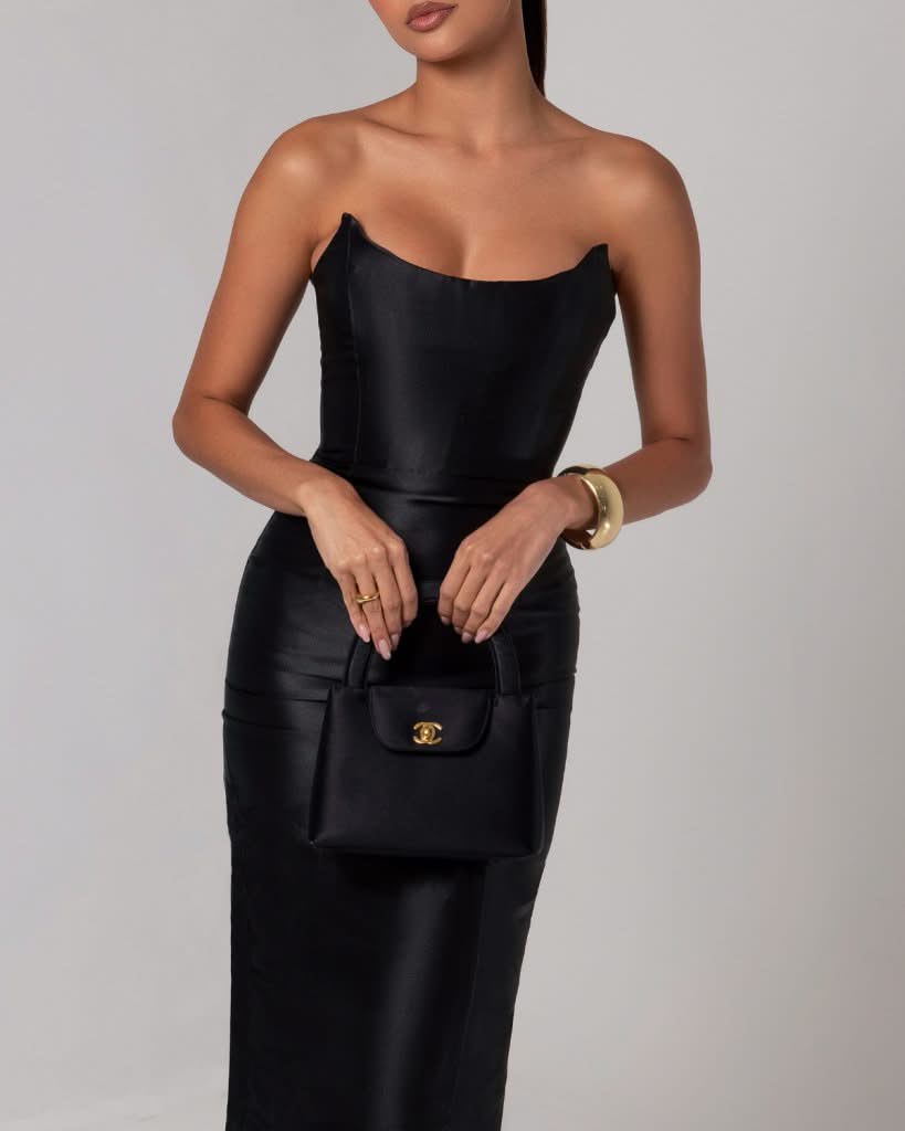 Black strapless sheen corset midi dress