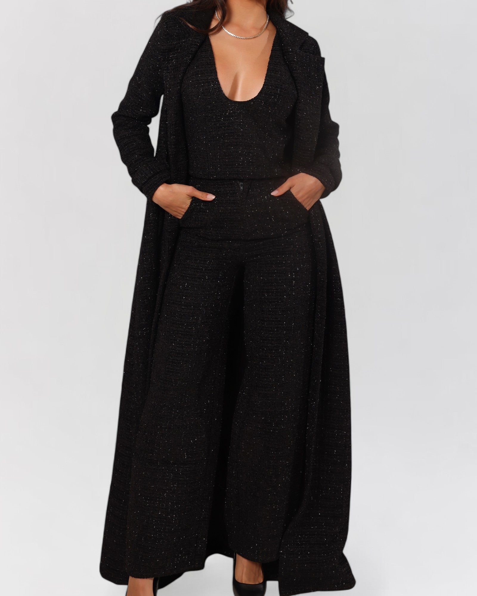 Black tweed long sleeve blazer trench coat