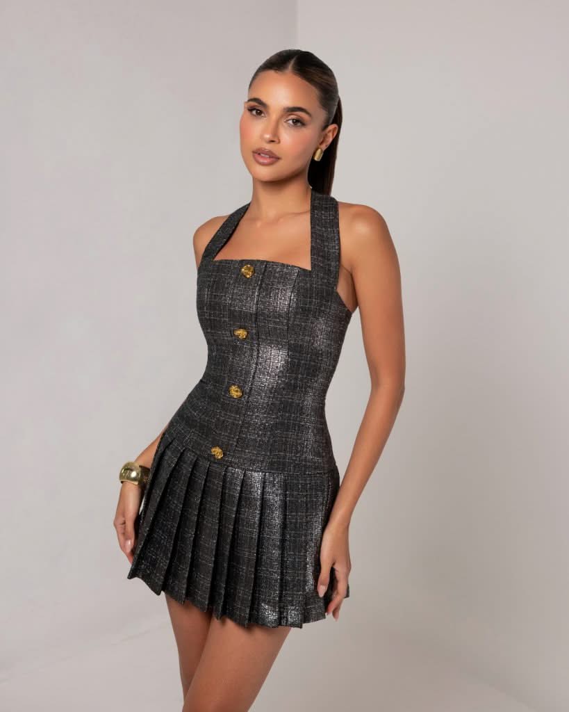 Metallic tweed flare mini dress