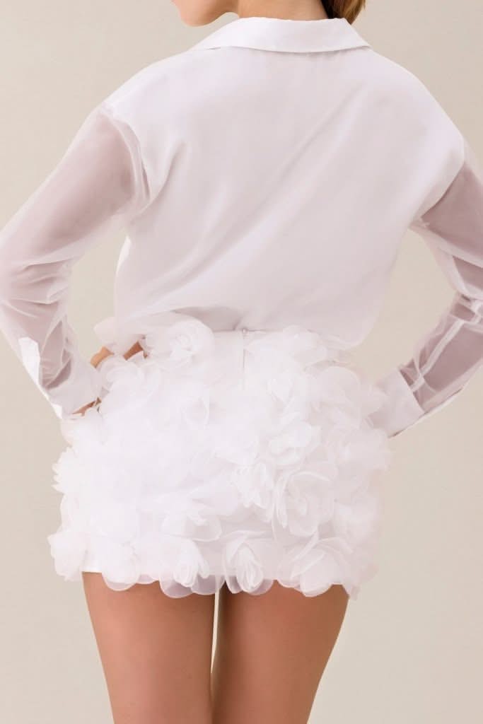 White chiffon flower embellished mini skirt