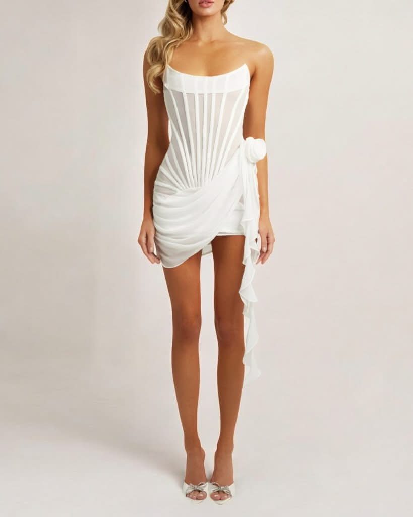 White chiffon mesh corset flower drape mini dress