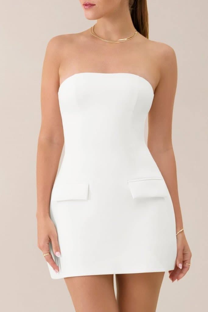 White strapless a line pocket mini dress
