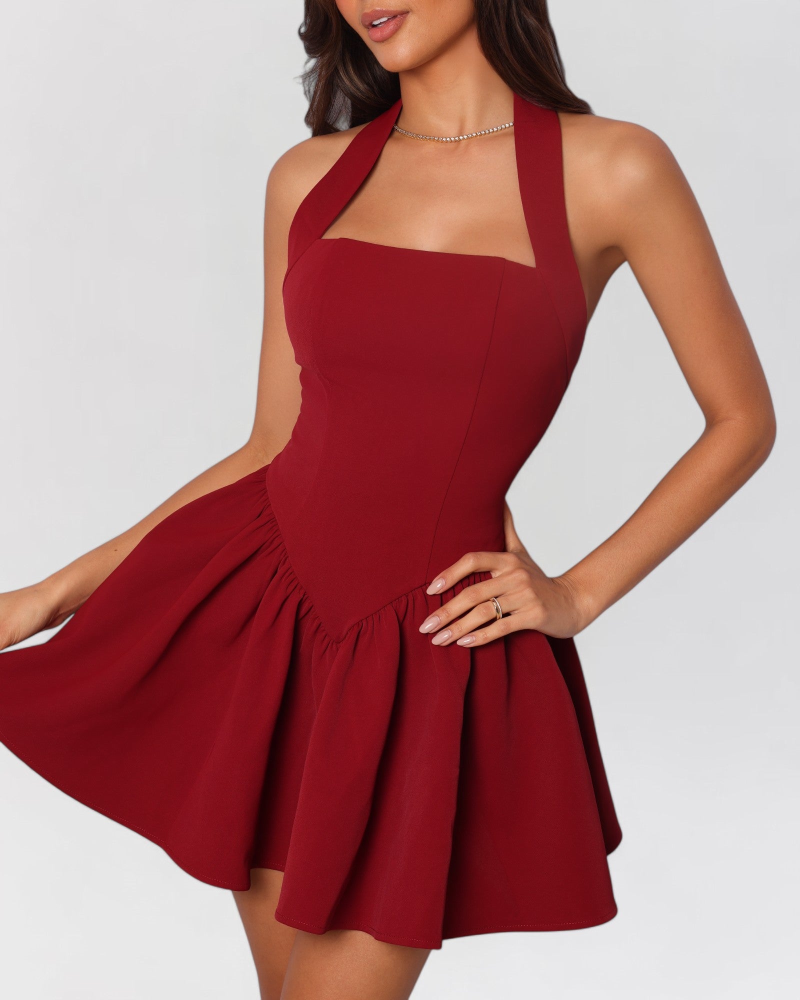 Wine red halter contour a-line mini dress