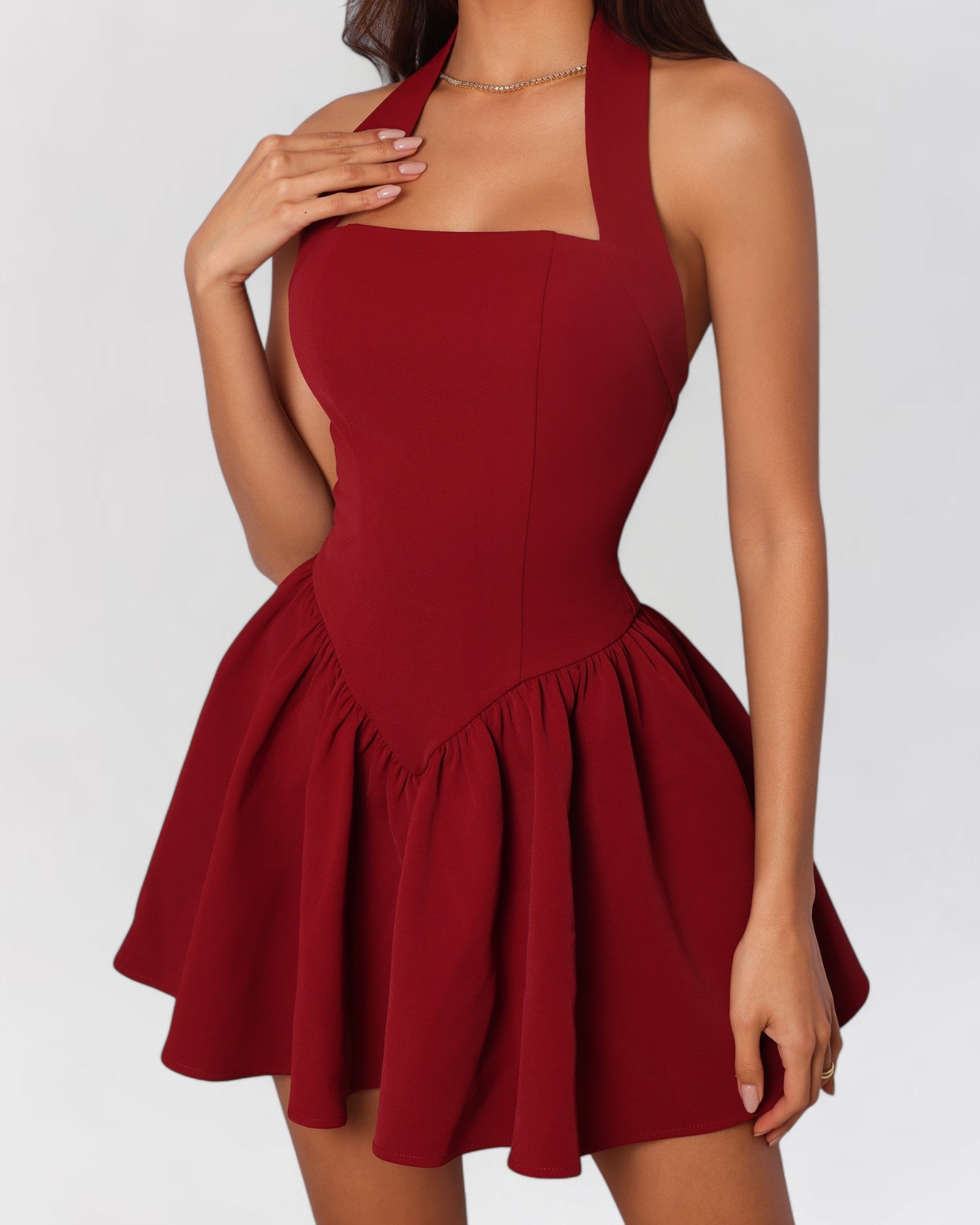 Wine red halter contour a-line mini dress
