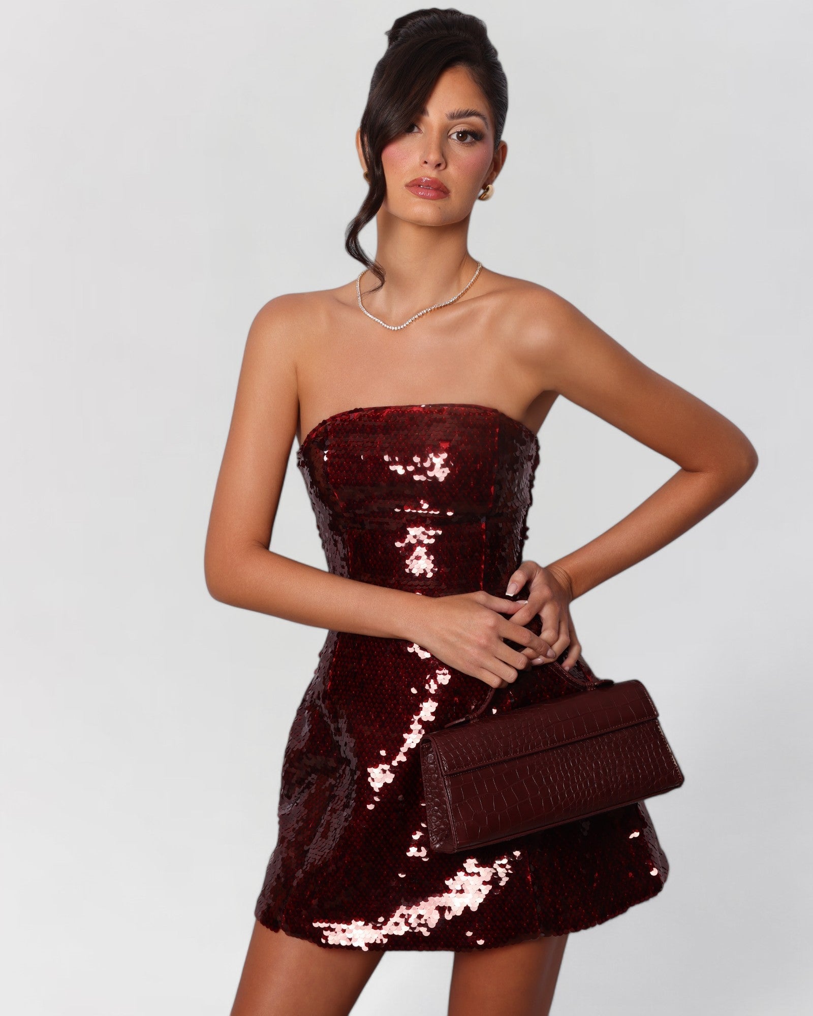 Wine red sequin strapless a-line mini dress