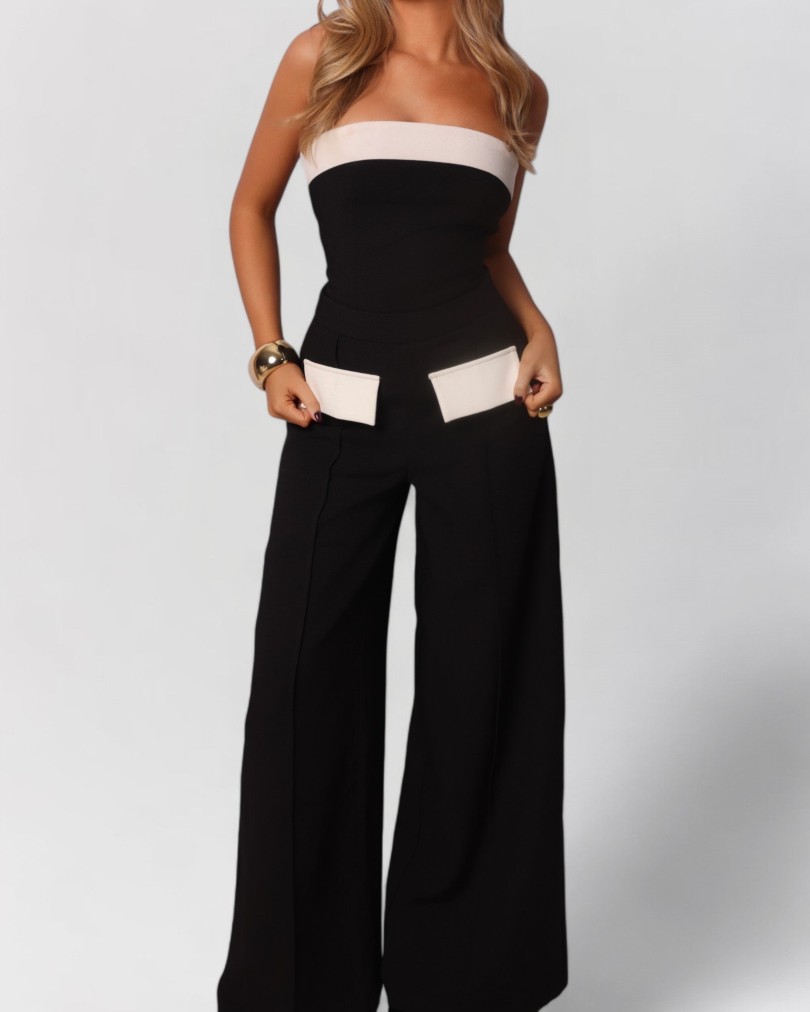 Black and white strapless pocket pants