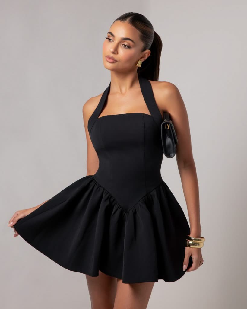 Black halter contour a-line mini dress