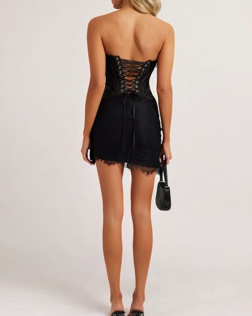 Black lace mesh corset drape mini dress