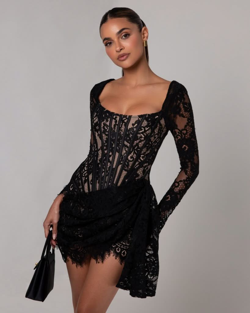 Black long sleeve lace corset draped mini dress