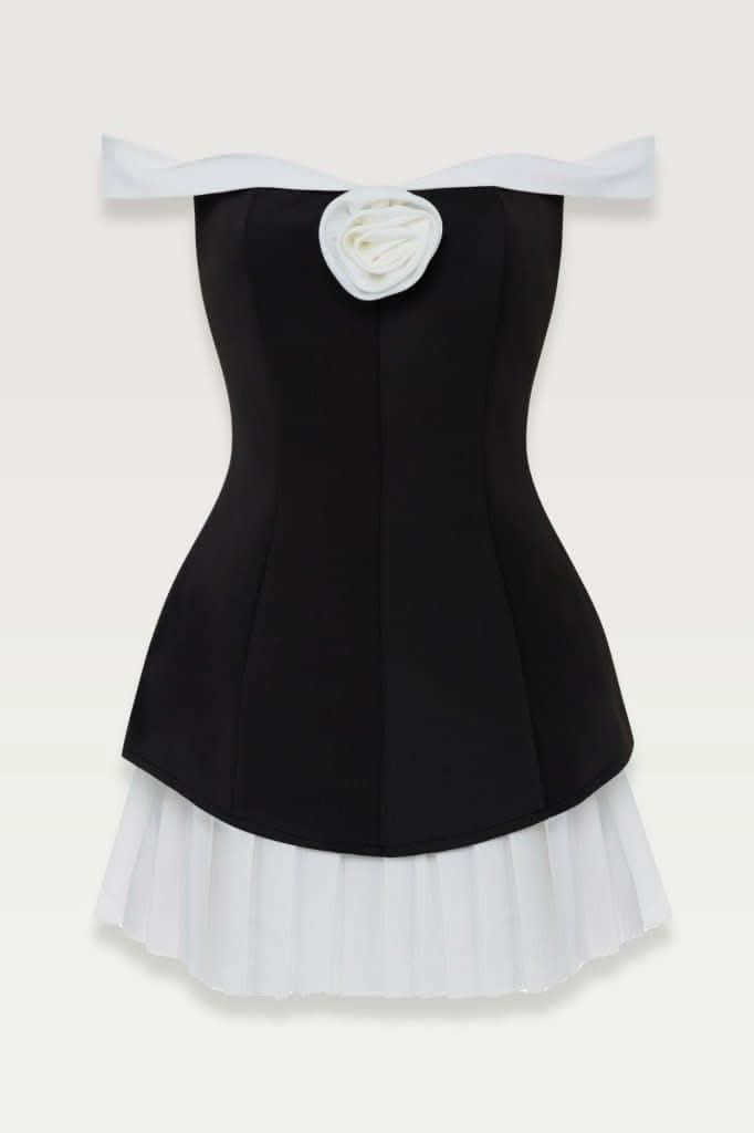 Black off shoulder a-line pleated flower mini dress