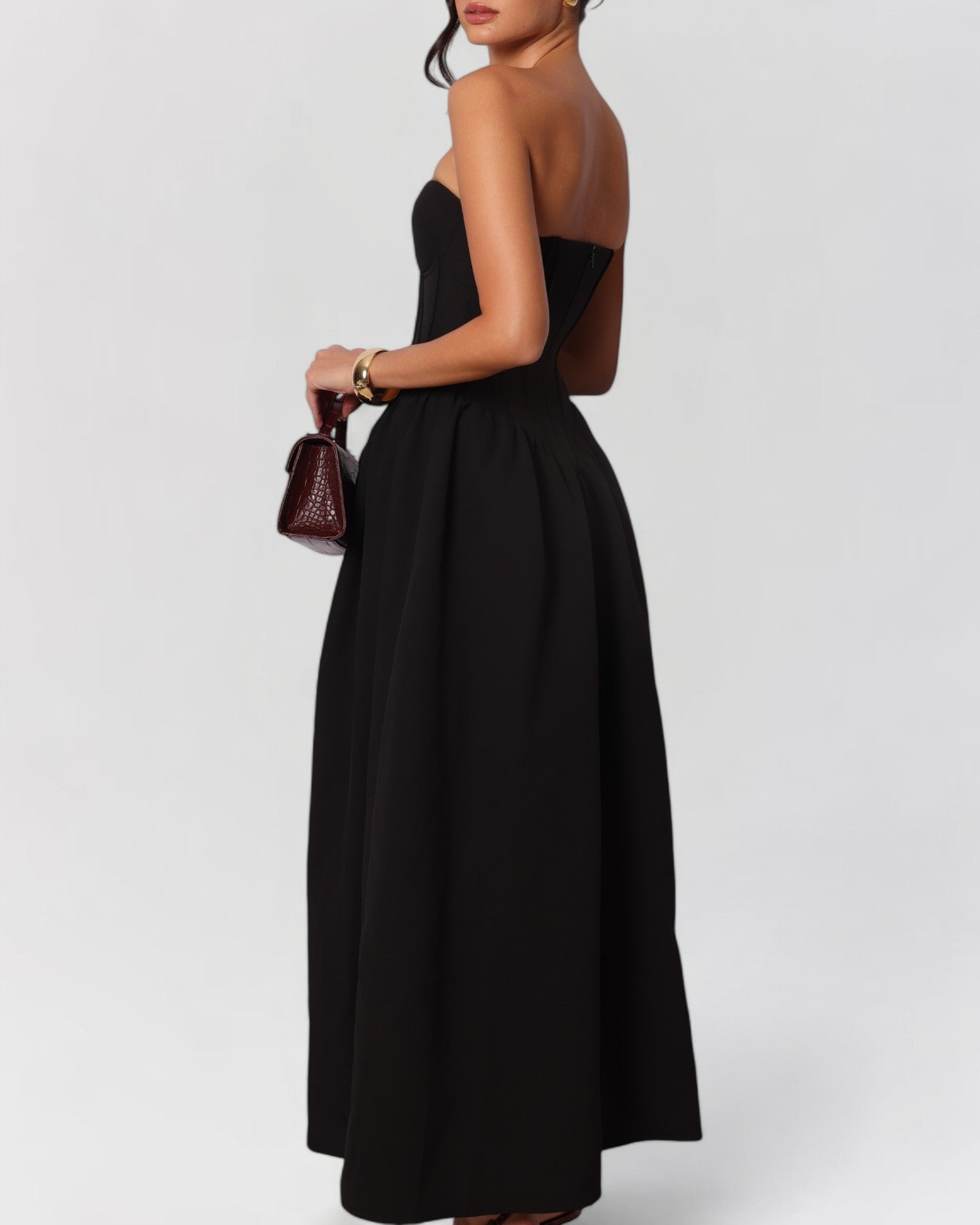 Black strapless corset cotton poplin maxi dress