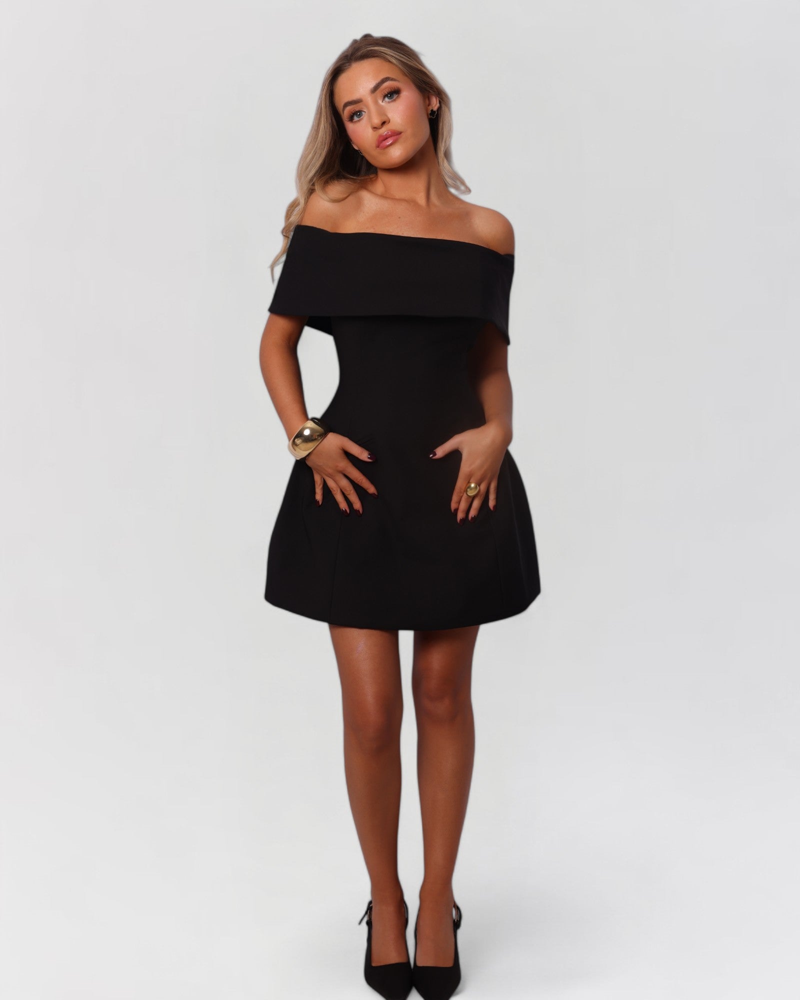 Black strapless off the shoulder a-line mini dress