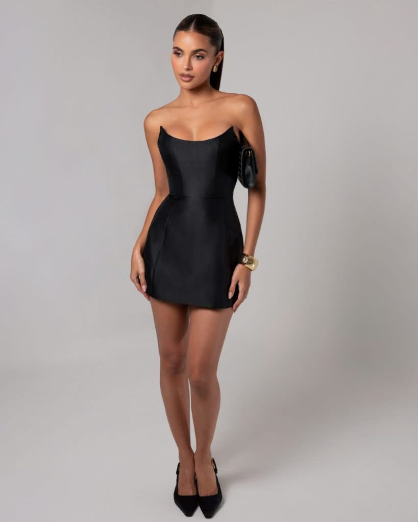 Black strapless sheen corset mini dress