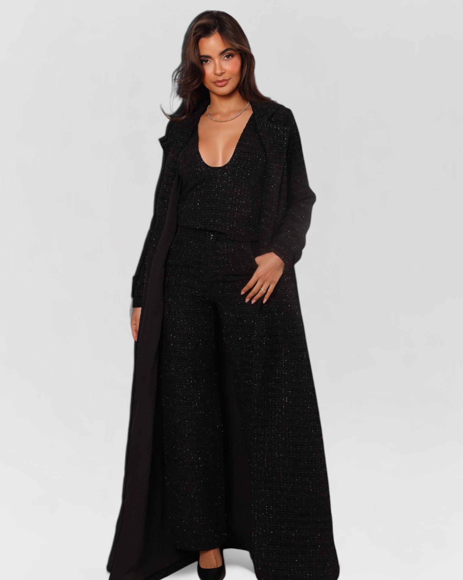 Black tweed long sleeve blazer trench coat