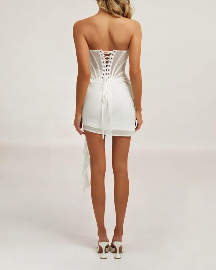 White chiffon mesh corset flower drape mini dress