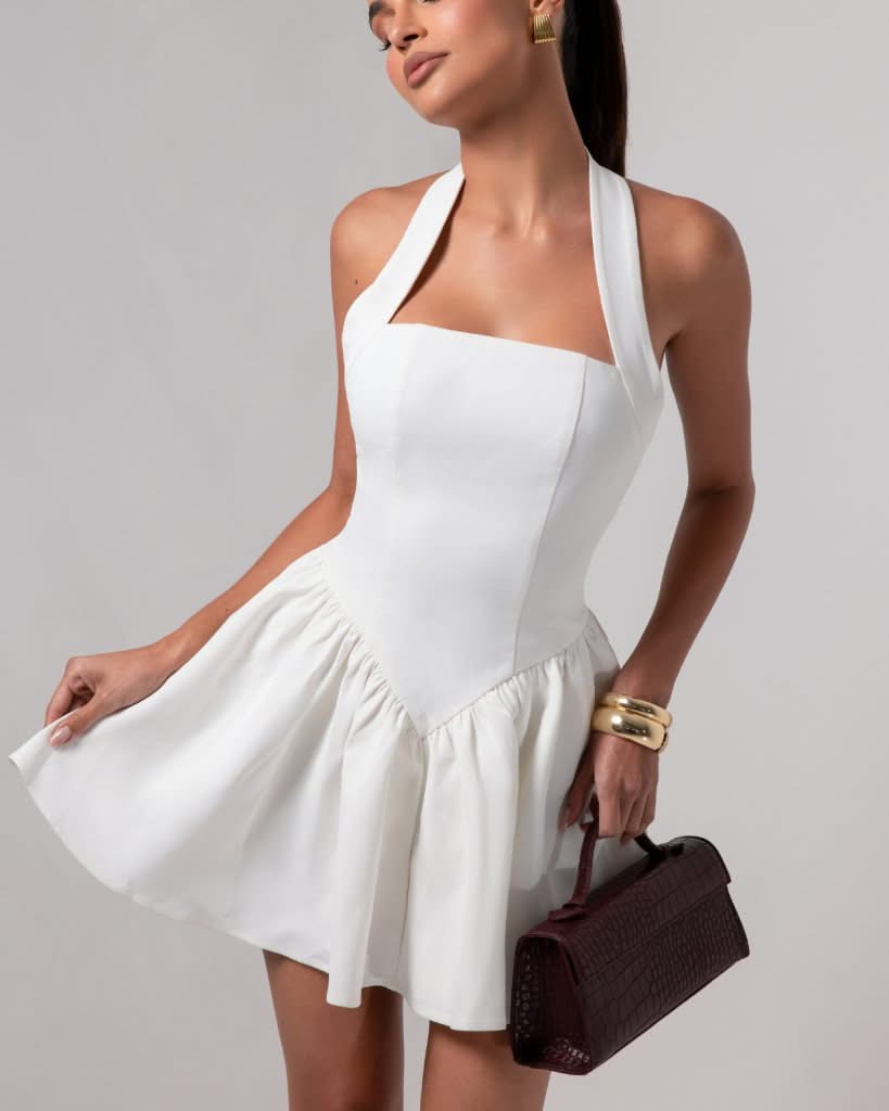 White halter contour a-line mini dress