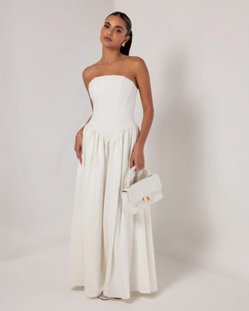 White strapless corset crepe flare maxi dress