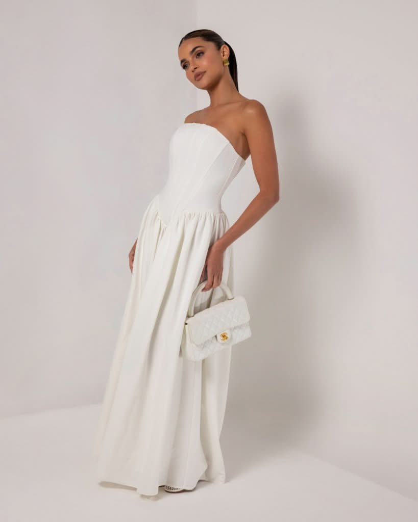 White strapless corset crepe flare maxi dress