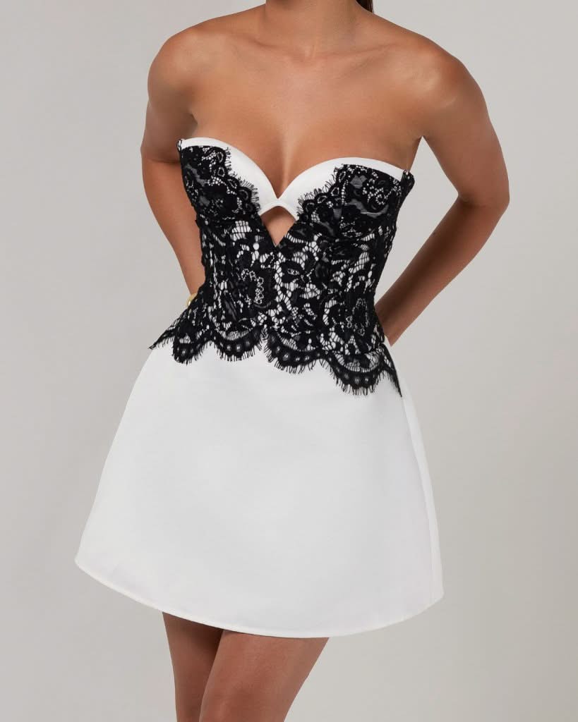 White strapless satin black lace a-line mini dress