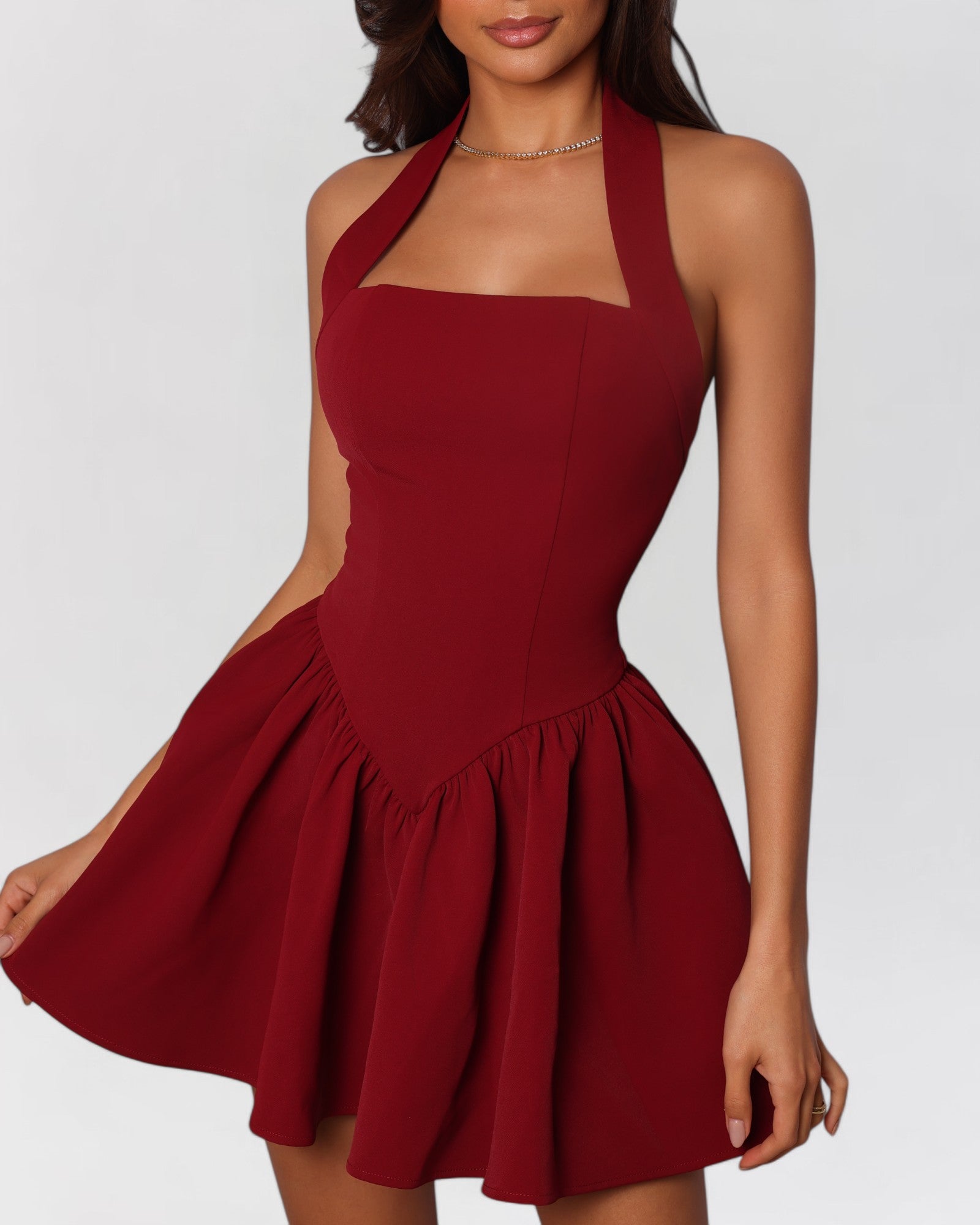 Wine red halter contour a-line mini dress